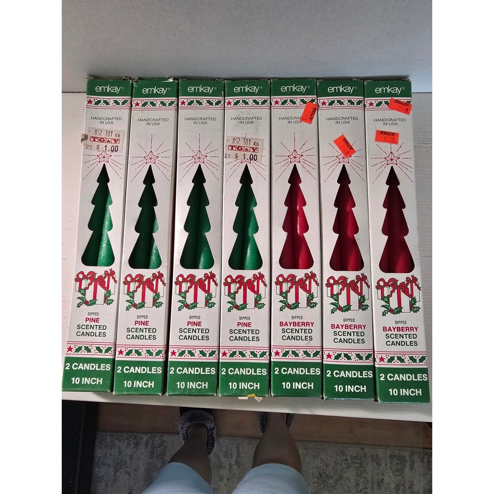 Vintage Emkay Taper Candles Red Green Pine Bayberry Christmas Tree Holiday 10"